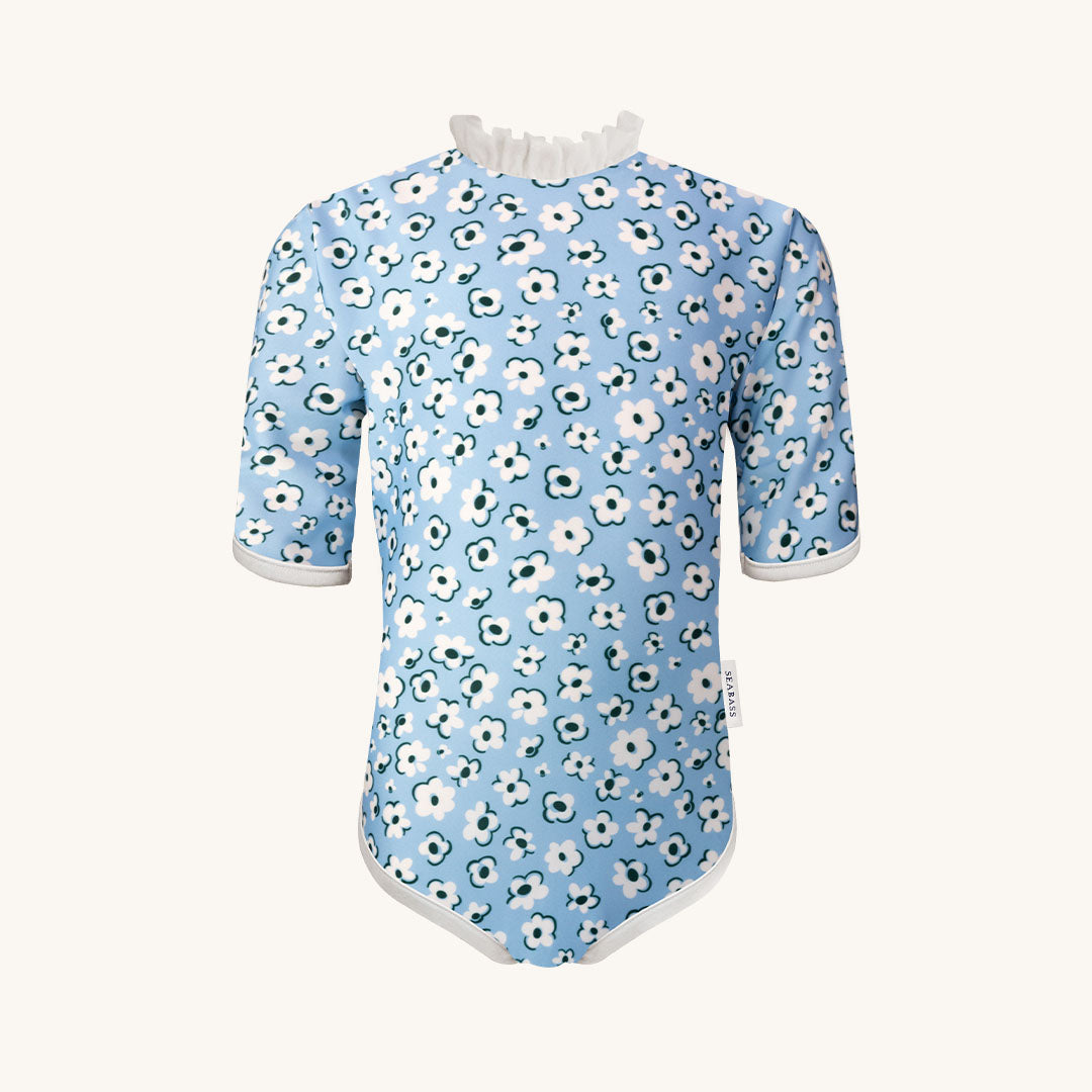 Mädchen UV Badeanzug Ruffle Palma - hellblau Blumen